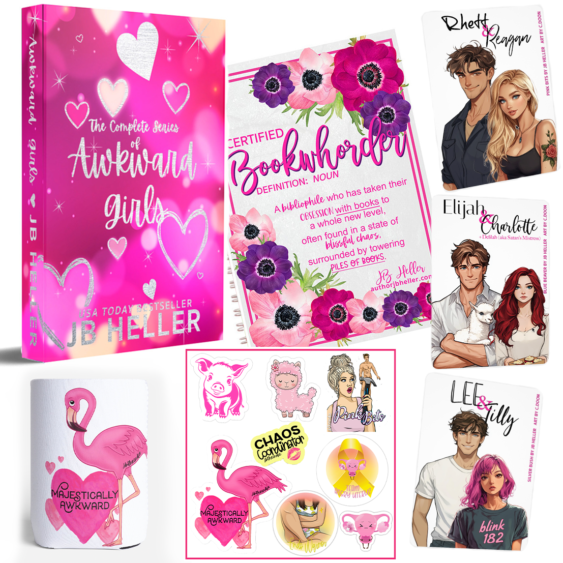 Deluxe hardcover copy of complete awkward girls series, certified bookwhorder notebook, majestically awkward can cooler, themed sticker pack, and three character art cards.