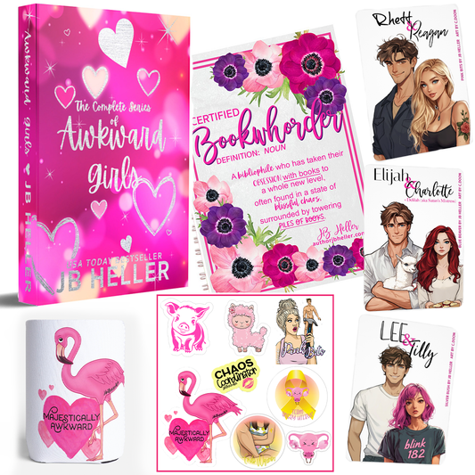 Deluxe hardcover copy of complete awkward girls series, certified bookwhorder notebook, majestically awkward can cooler, themed sticker pack, and three character art cards.
